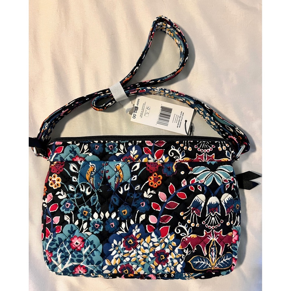 Vera Bradley NWT Floral Quilted Crossbody Shoulder Bag Petite Purse Black Blue - Picture 2 of 9